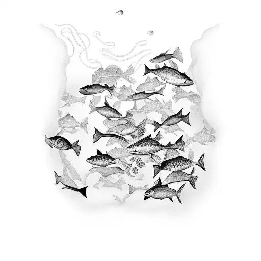 An intricate black-grey tattoo depicting a school of fish swimming in the shape of a fishing line tattoo design idea