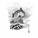 A black-grey tattoo depicting a serene forest landscape with a hidden fishing spot and a large mouth bass jumping out of the water tattoo design idea
