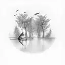 A black-grey tattoo depicting a serene forest landscape with a hidden fishing spot and a large mouth bass jumping out of the water tattoo design idea