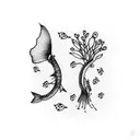 A delicate dotwork tattoo featuring a fishing hook adorned with tiny flowers and leaves, representing the harmony between fishing and the natural world tattoo design idea