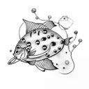 A delicate dotwork tattoo featuring a fishing hook adorned with tiny flowers and leaves, representing the harmony between fishing and the natural world tattoo design idea