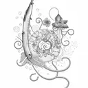 A delicate dotwork tattoo featuring a fishing hook adorned with tiny flowers and leaves, representing the harmony between fishing and the natural world tattoo design idea