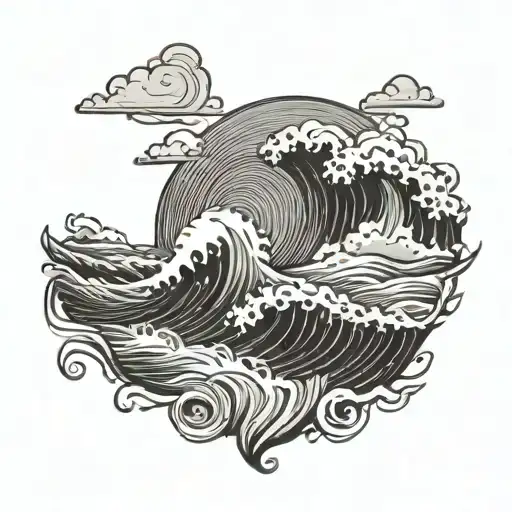 beach waves crashing and flowing around the sun  tattoo design idea
