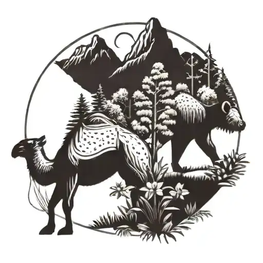 A camel and bear sharing a hiking trail surrounded by lush flora tattoo design idea