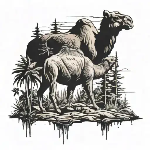 A camel and bear sharing a hiking trail surrounded by lush flora tattoo design idea