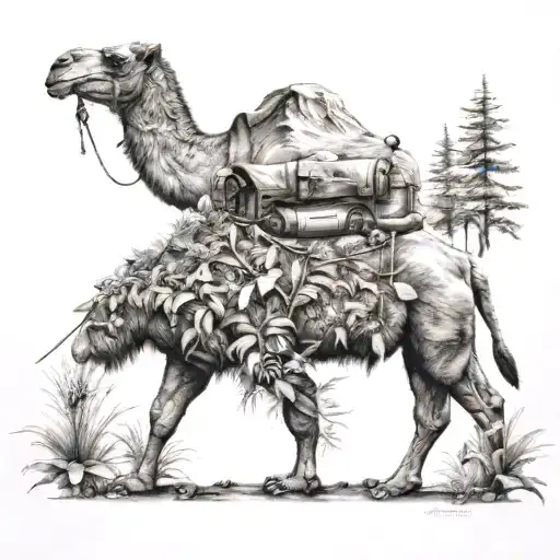 A camel and bear sharing a hiking trail surrounded by lush flora tattoo design idea