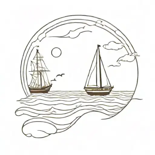 A minimalist wave design incorporating a sailboat and marine life tattoo design idea