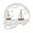 A minimalist wave design incorporating a sailboat and marine life tattoo design idea