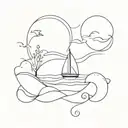 A minimalist wave design incorporating a sailboat and marine life tattoo design idea