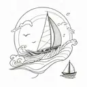 A minimalist wave design incorporating a sailboat and marine life tattoo design idea