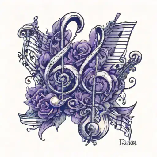 Design a matching tattoo for you and your best friend that combines elements of music, friendship, and sophisticated aesthetics. Incorporate two musical staffs in a slight 3D style, with one staff featuring a single B note for 'best' and the other staff featuring two notes for 'friends forever'. Include small, photorealistic 3D gemstones (one deep purple garnet and one opal with flashes of blue and purple iridescence) at the end of each staff. Add a subtle ombre shading effect transitioning from soft purple to deep blue in the background. Focus on hyper-realistic gems and crisp black ink for a clean and timeless look. tattoo design idea
