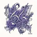 Design a matching tattoo for you and your best friend that combines elements of music, friendship, and sophisticated aesthetics. Incorporate two musical staffs in a slight 3D style, with one staff featuring a single B note for 'best' and the other staff featuring two notes for 'friends forever'. Include small, photorealistic 3D gemstones (one deep purple garnet and one opal with flashes of blue and purple iridescence) at the end of each staff. Add a subtle ombre shading effect transitioning from soft purple to deep blue in the background. Focus on hyper-realistic gems and crisp black ink for a clean and timeless look. tattoo design idea