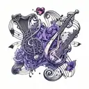 Design a matching tattoo for you and your best friend that combines elements of music, friendship, and sophisticated aesthetics. Incorporate two musical staffs in a slight 3D style, with one staff featuring a single B note for 'best' and the other staff featuring two notes for 'friends forever'. Include small, photorealistic 3D gemstones (one deep purple garnet and one opal with flashes of blue and purple iridescence) at the end of each staff. Add a subtle ombre shading effect transitioning from soft purple to deep blue in the background. Focus on hyper-realistic gems and crisp black ink for a clean and timeless look. tattoo design idea