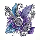 Design a matching tattoo for you and your best friend that combines elements of music, friendship, and sophisticated aesthetics. Incorporate two musical staffs in a slight 3D style, with one staff featuring a single B note for 'best' and the other staff featuring two notes for 'friends forever'. Include small, photorealistic 3D gemstones (one deep purple garnet and one opal with flashes of blue and purple iridescence) at the end of each staff. Add a subtle ombre shading effect transitioning from soft purple to deep blue in the background. Focus on hyper-realistic gems and crisp black ink for a clean and timeless look. tattoo design idea