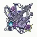 Design a matching tattoo for you and your best friend that combines elements of music, friendship, and sophisticated aesthetics. Incorporate two musical staffs in a slight 3D style, with one staff featuring a single B note for 'best' and the other staff featuring two notes for 'friends forever'. Include small, photorealistic 3D gemstones (one deep purple garnet and one opal with flashes of blue and purple iridescence) at the end of each staff. Add a subtle ombre shading effect transitioning from soft purple to deep blue in the background. Focus on hyper-realistic gems and crisp black ink for a clean and timeless look. tattoo design idea