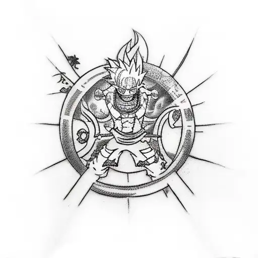 A Create a tattoo featuring characters from One Piece, Dragon Ball, Bleach, and Fairy Tail in a dynamic action pose tattoo design idea
