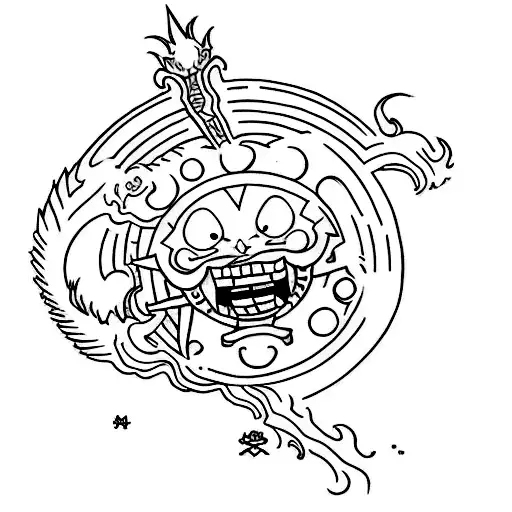 Create a tattoo featuring characters from One Piece, Dragon Ball, Bleach, and Fairy Tail in a dynamic action pose tattoo design idea