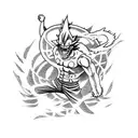 A Create a tattoo featuring characters from One Piece, Dragon Ball, Bleach, and Fairy Tail in a dynamic action pose tattoo design idea