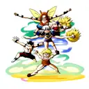 A Create a tattoo featuring characters from One Piece, Dragon Ball, Bleach, and Fairy Tail in a dynamic action pose tattoo design idea