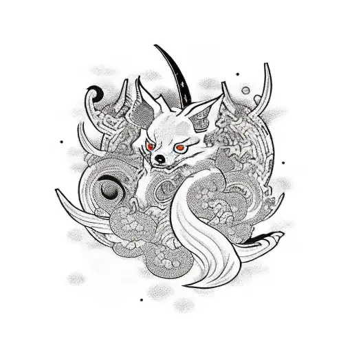 japaneses blackwork kitsune wielding one "gunbai" with each hand producing anime-style waves tattoo design idea