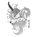japaneses blackwork kitsune wielding one "gunbai" with each hand producing anime-style waves tattoo design idea