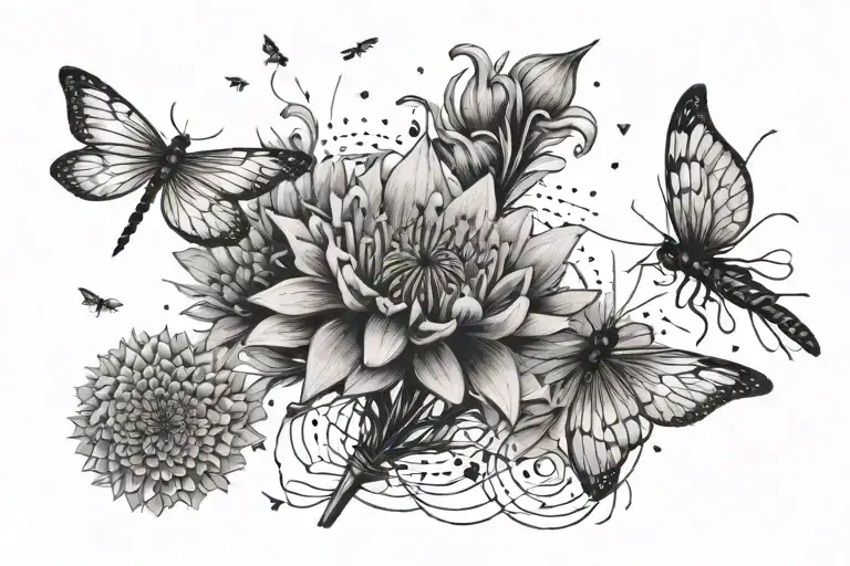 blowing dandelion and dragonflies flying tattoo design idea