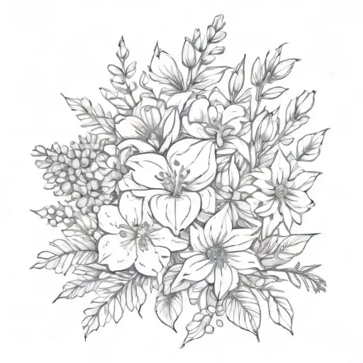 January, February, June, August, October birth flower bouquet tattoo design idea