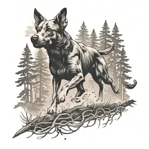 A black and grey tattoo of a dog running through a Tennessee forest, capturing the essence of nature and favorite things tattoo design idea