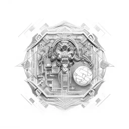 An intricate tattoo featuring a computer motherboard design intertwined with symbols from Destiny 2 and Norse mythology tattoo design idea