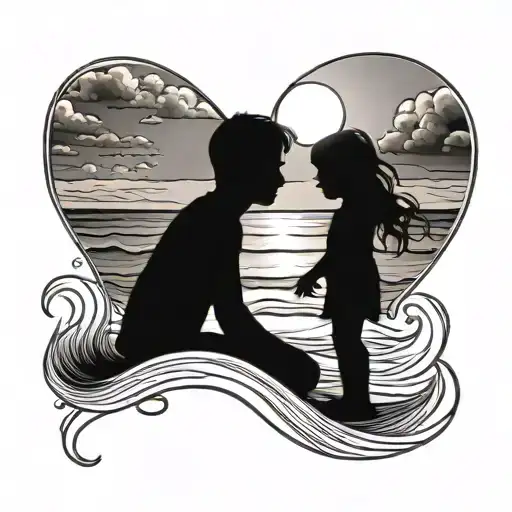 SON & DAUGHTER ON BEACH W/ SUNSET tattoo design idea