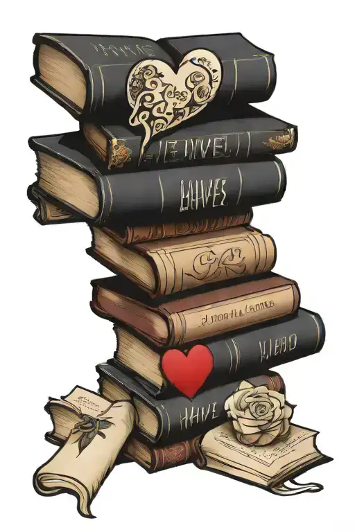 stack of books with a heart rising above with the words "I have lived a thousand lives" tattoo design idea