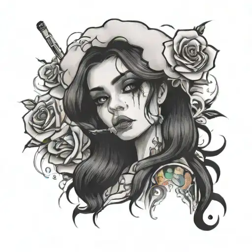 rose smoke cigarette street girl with white eyes  tattoo design idea