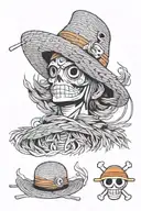 Luffy's iconic straw hat from "One Piece" will be prominently displayed, symbolizing freedom, adventure tattoo design idea
