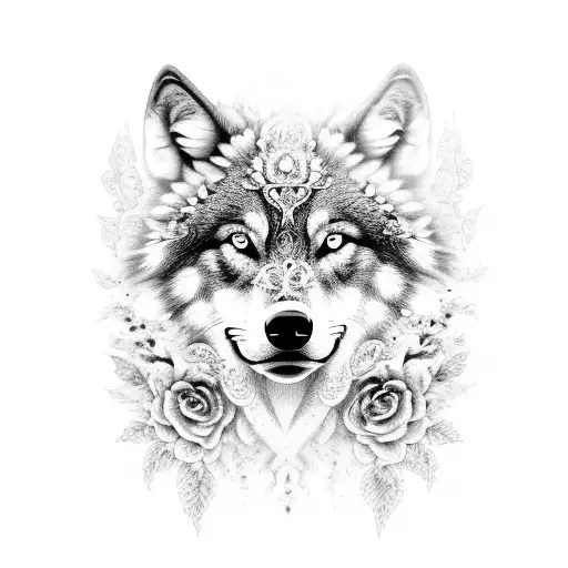 A black and grey portrait of a wolf with intricate floral patterns incorporated within, symbolizing the harmony between the wild and the delicate tattoo design idea