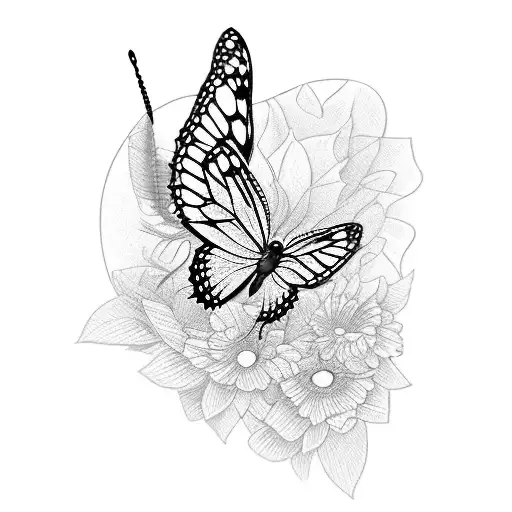 A blackwork tattoo showcasing a delicate butterfly resting on a blooming flower, representing your creative and free-spirited nature tattoo design idea