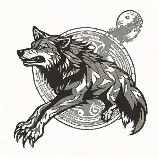 A stylized tattoo of a wolf howling at the moon, with pixelated elements inspired by video games, in black-grey style tattoo design idea