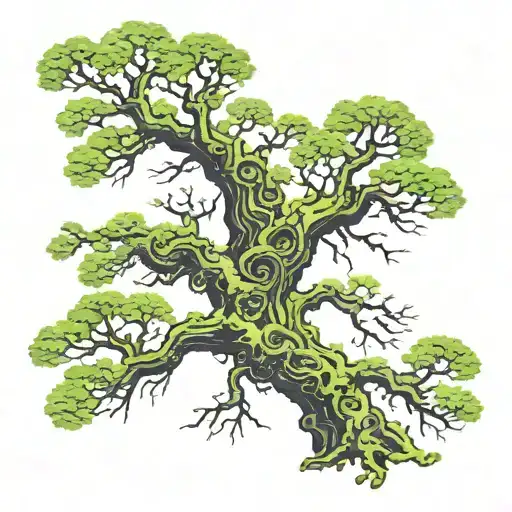 Man tattoo: old mossy tree with carve faces which are simbolise different personalities tattoo design idea