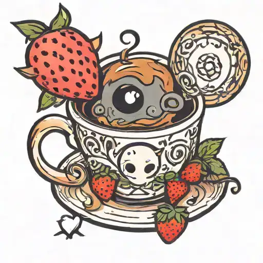 coffee cup with a korok and soot sprite and strawberry  tattoo design idea