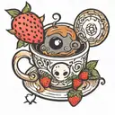 coffee cup with a korok and soot sprite and strawberry  tattoo design idea