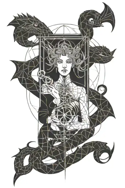 Lilith with a reversed cross, there gonna be moon and snake with satanic vibe, as the geometric part: Lilith symbols  tattoo design idea
