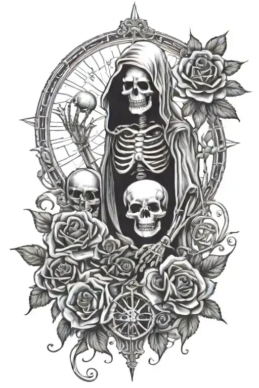 Hooded skeleton, hourglass, sun, moon, glowing infinity sign, roses tattoo design idea