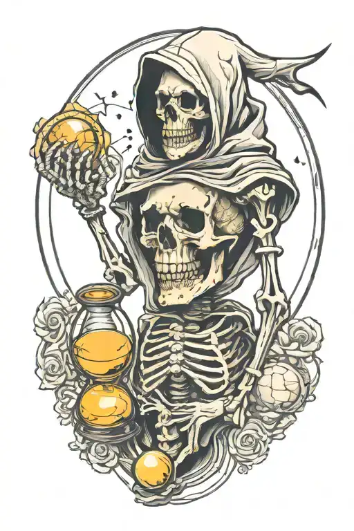 hooded skeleton holding hourglass, moon upper left, sun upper right, tattoo design idea