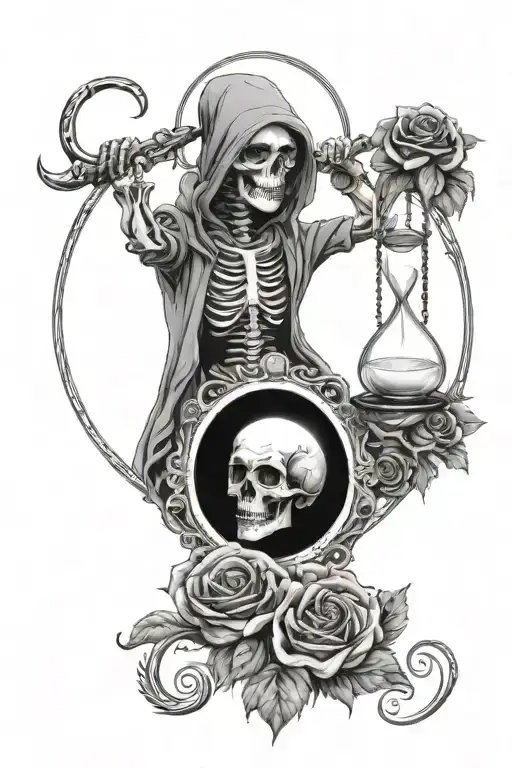 Hooded skeleton, hourglass, sun, moon, glowing infinity sign, roses, magician tattoo design idea