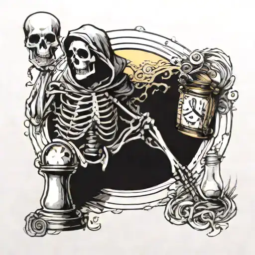 A hooded skeleton holding an hourglass, moon in the upper left corner of the image, sun in in the upper right corner tattoo design idea