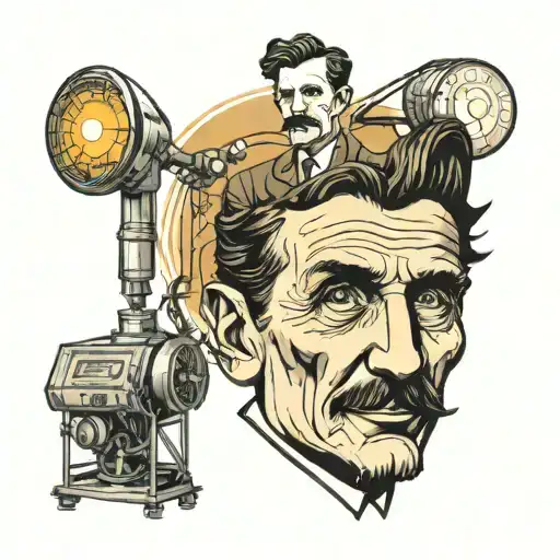 nikola tesla caricature like and alien and in backround his generator tattoo design idea