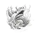 sea monster with seaweed and waves on bicep tattoo design idea