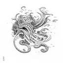 sea monster with seaweed and waves on bicep tattoo design idea