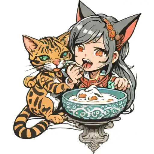 Girl cat with tongue drinks milk from bowl back tail in anime style hand completely tattoo design idea