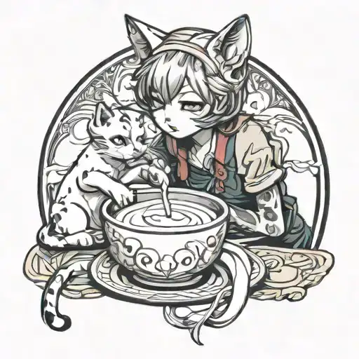 Girl cat with tongue drinks milk from bowl back tail in anime style hand completely tattoo design idea
