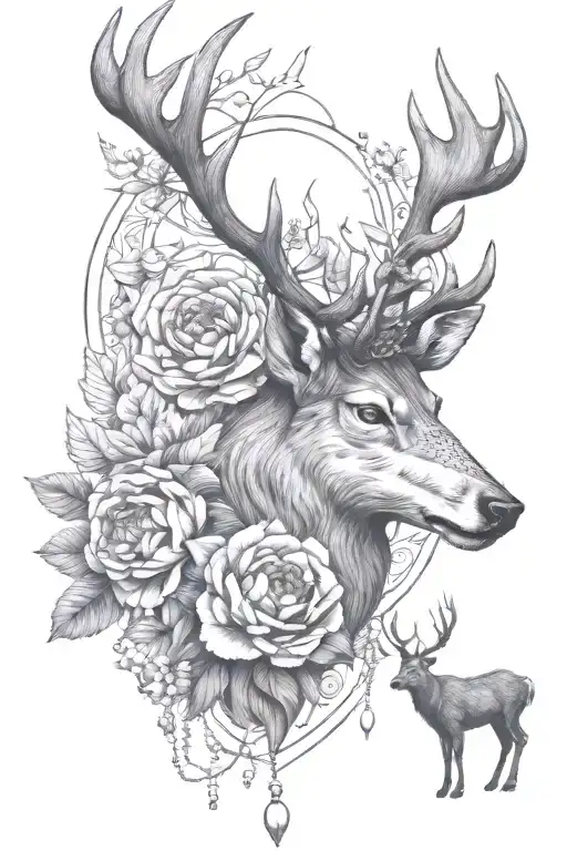 deer and wolf head, Nordic nature and forest, 1 peony, jewels chains, moon and sun, taurus sodiac sign,  tattoo design idea
